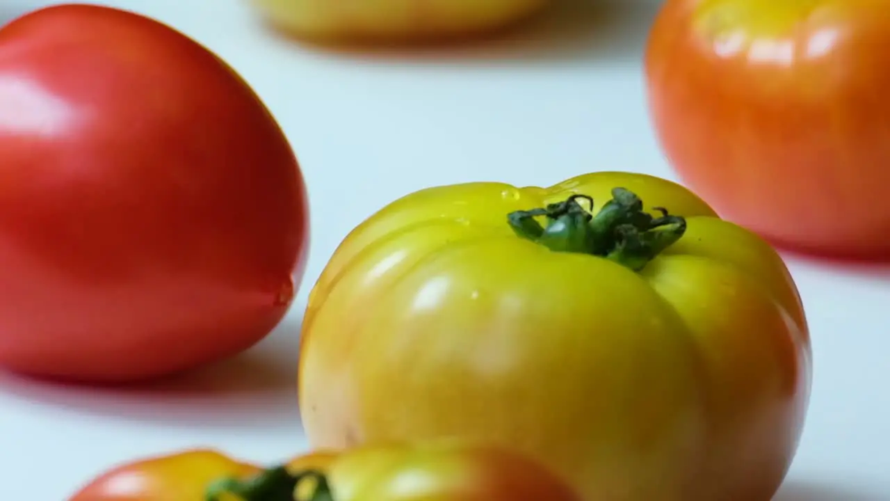 Close Up Shot of a Variety of Red and Yellow Tomatoes Placed on a White Surface