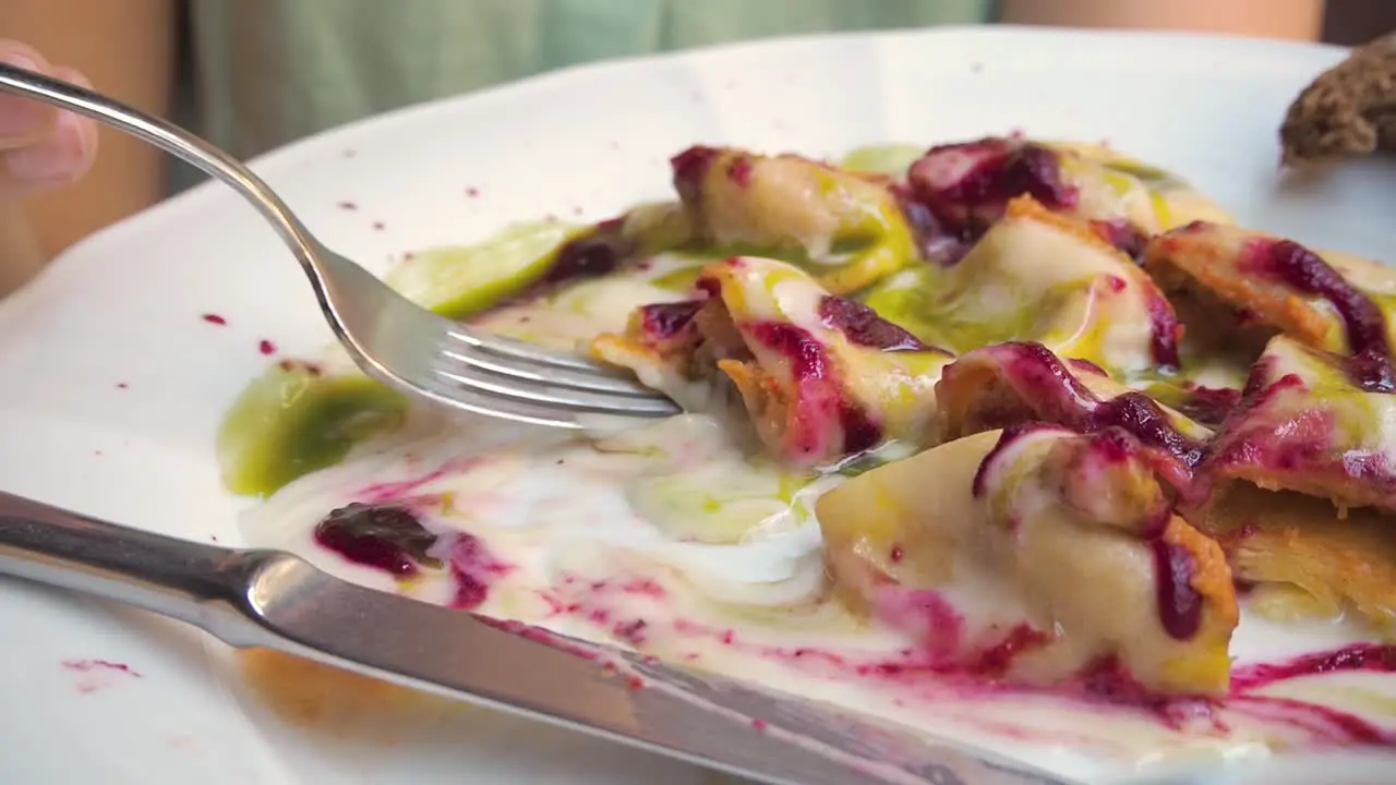 4k close up of woman eating Ravioli with colurful cream sauce and basil