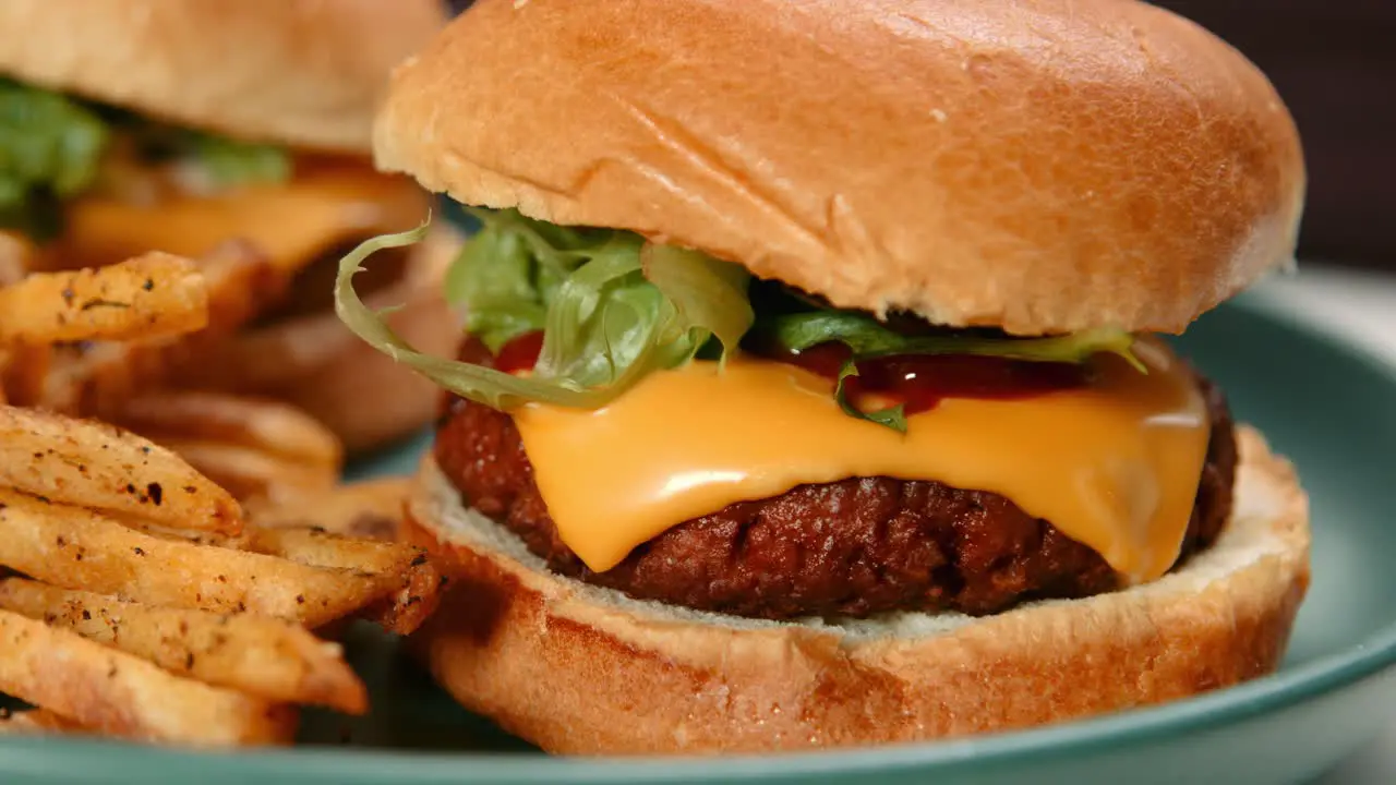 Slow Pan of Meat Free Cheese Burger with Brioche Bun Lettuce Ketchup and French Fries Chips