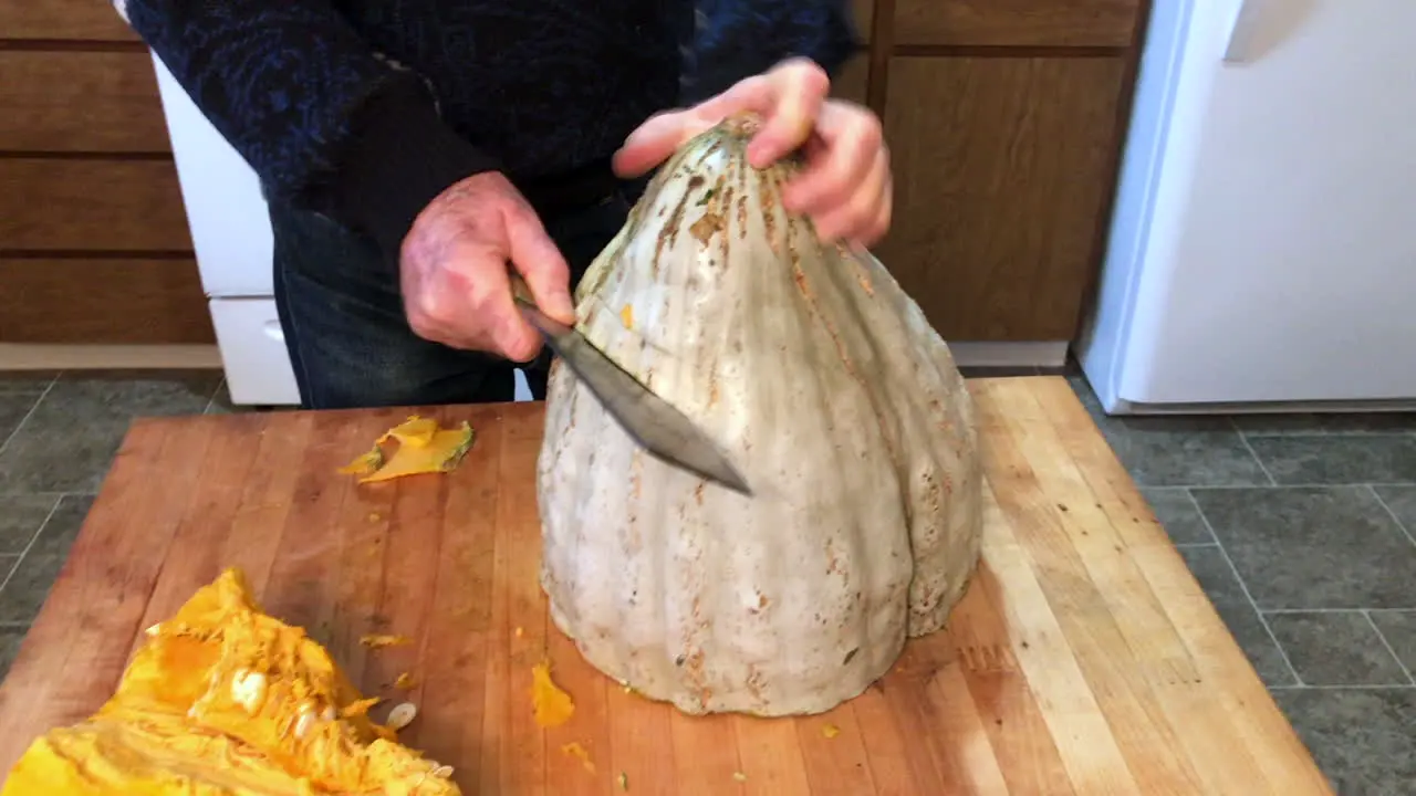 Man in home kitchen cutting a large pumpkin called Blue Hubbard Squash and struggling with the size of the vegetable