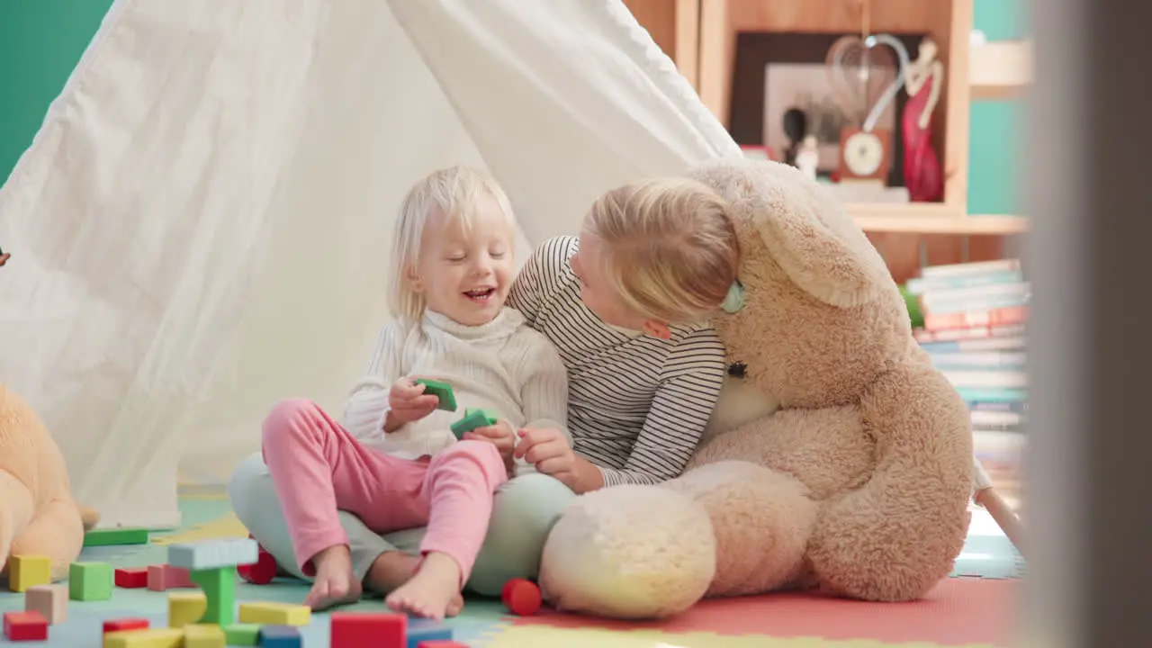 Cube girl and siblings with laughing on floor