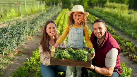 Plant vegetables and happy family on a farm