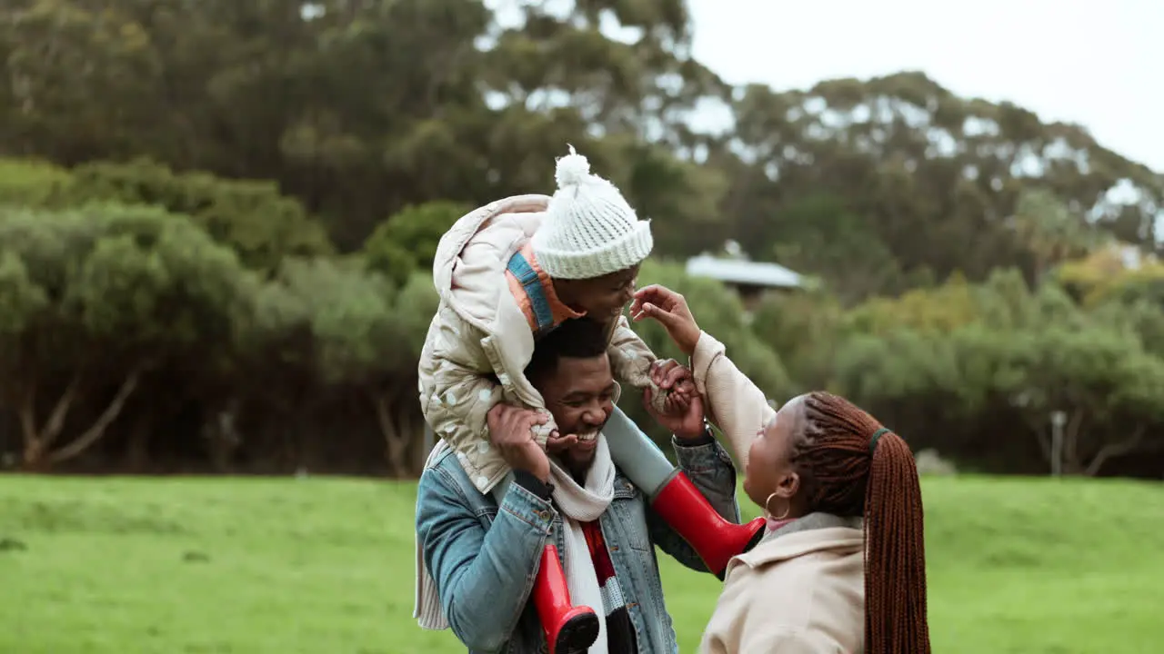 Father mother or child in park as a black family