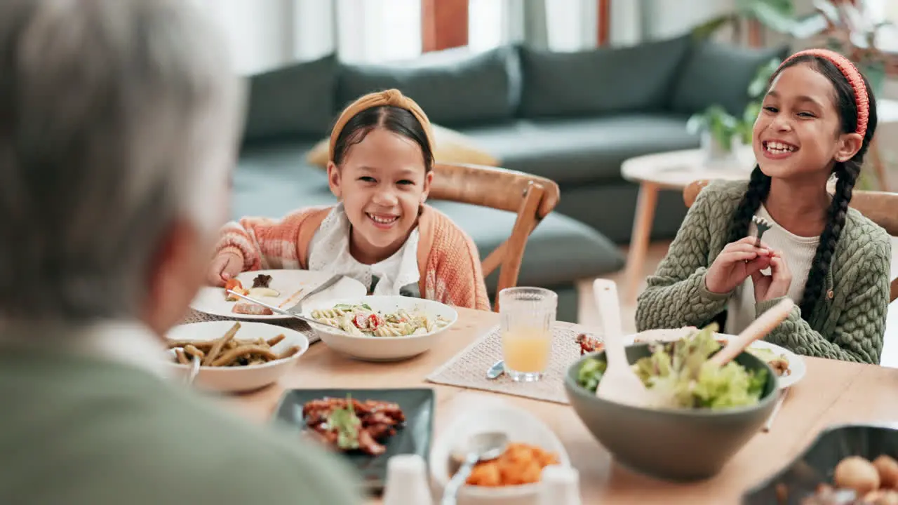 Happy family children and laughing at food