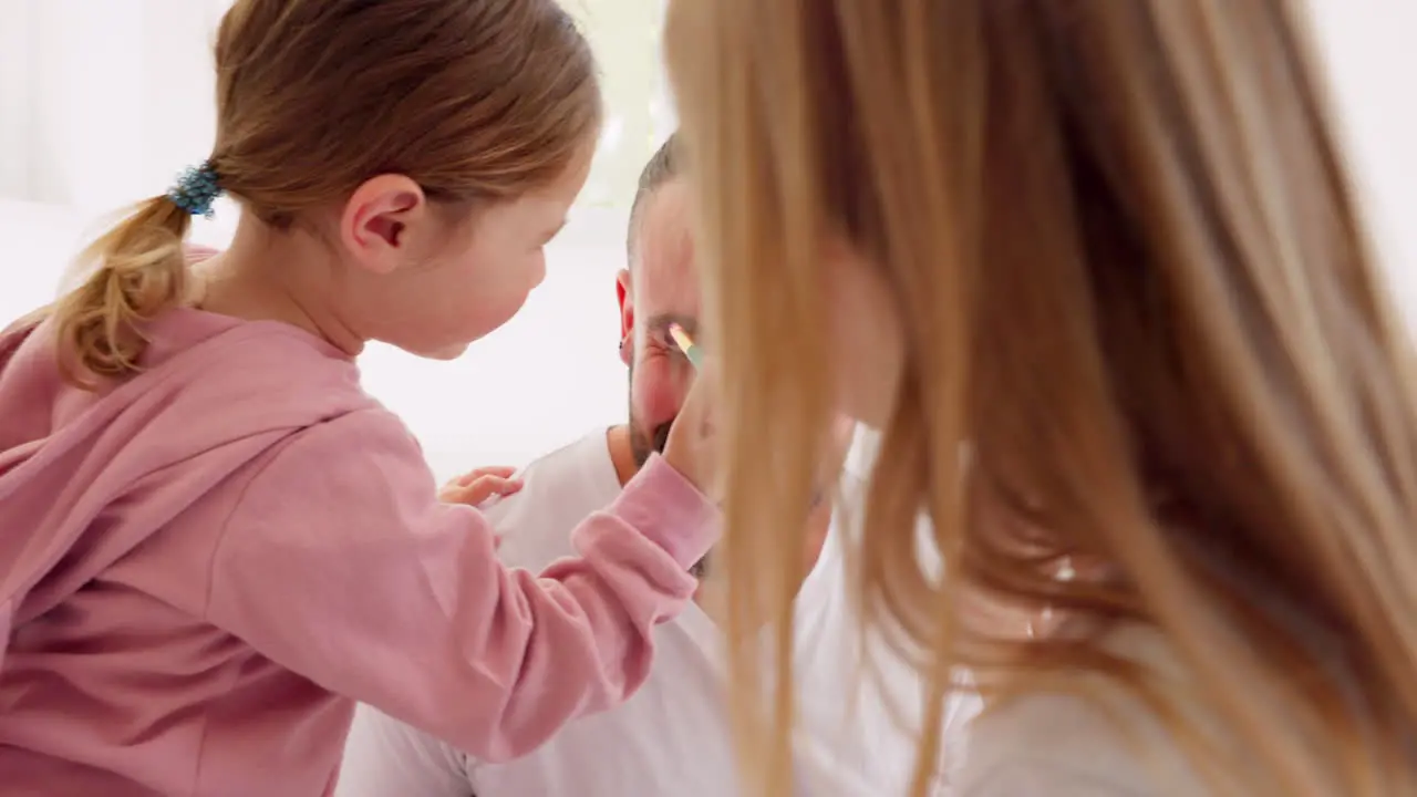 Family makeup and girl with father in a bathroom