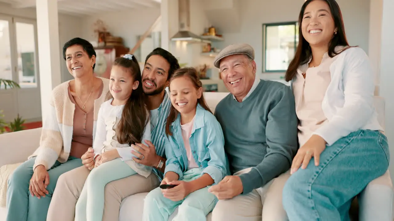 Happy relax and big family watching tv on a sofa