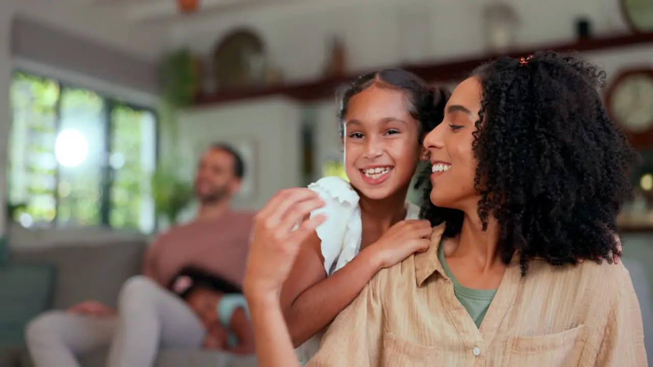 Family home portrait and mother hug girl