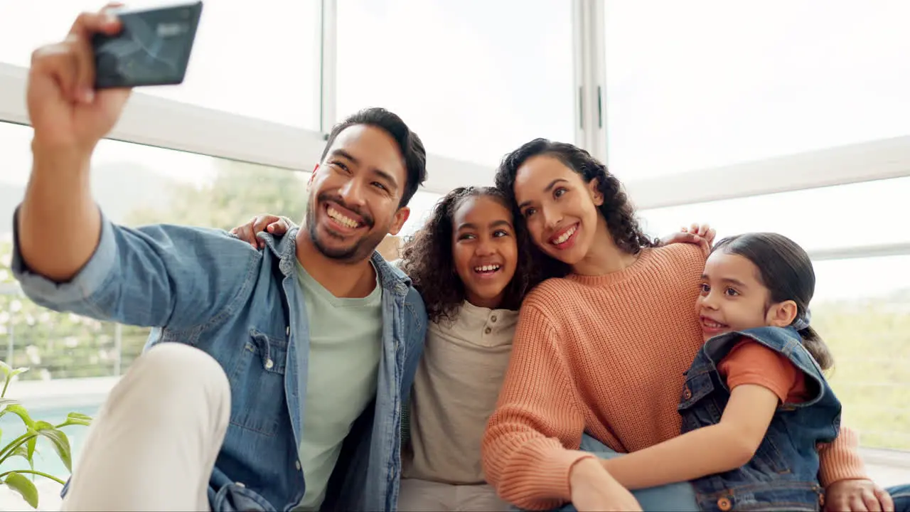 Memory selfie and happy family in new home