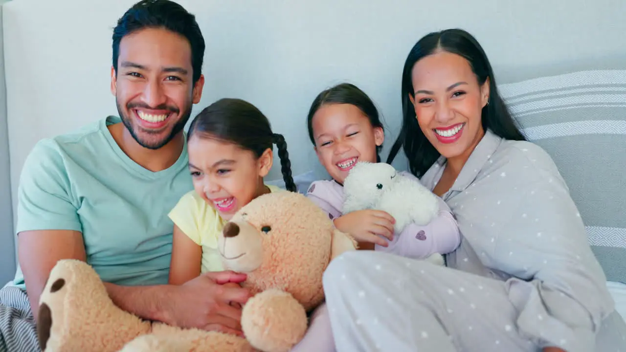 Bed happy family and portrait of parents