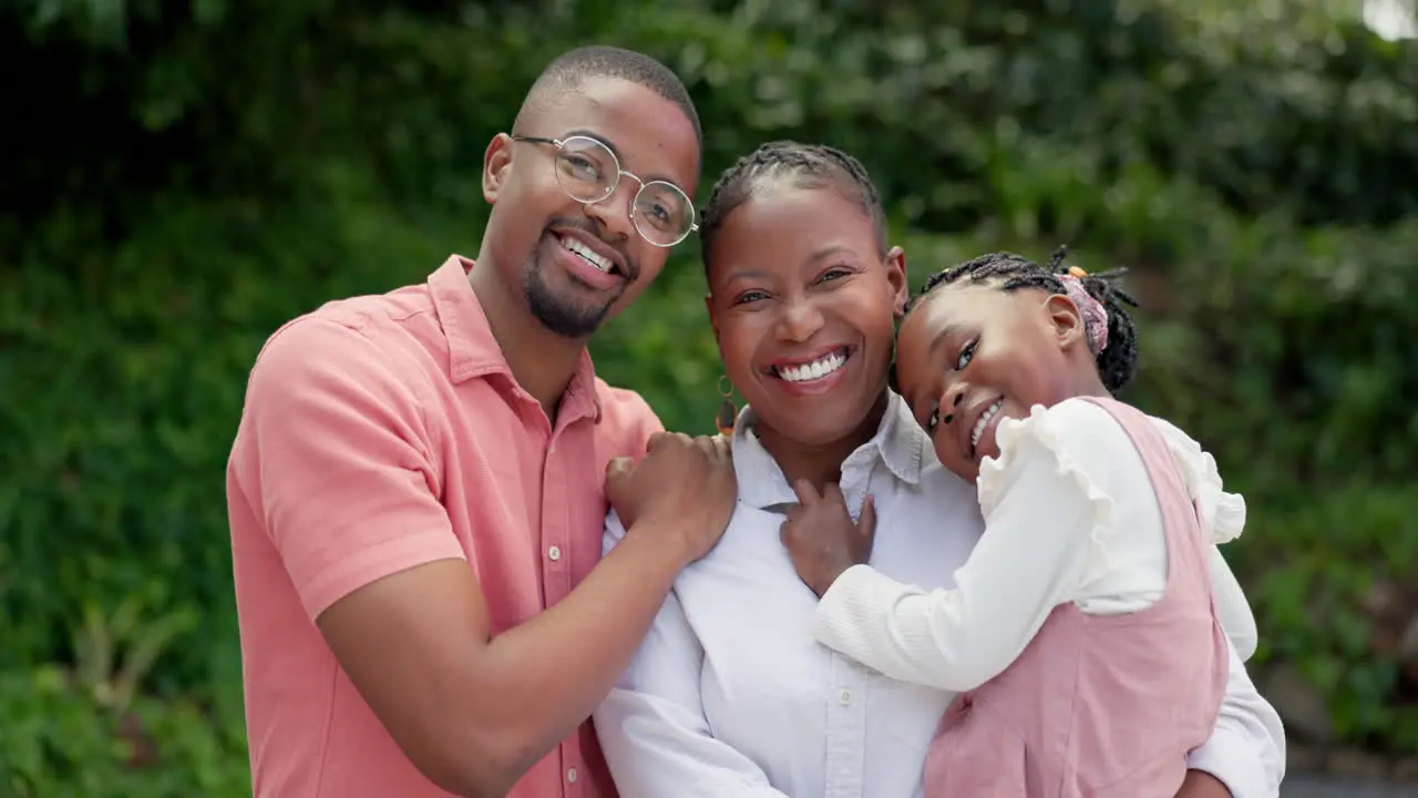 Hug love and face of a black family in a garden