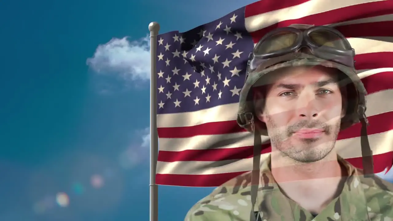 Digital animation of American soldier standing against American flag 4k