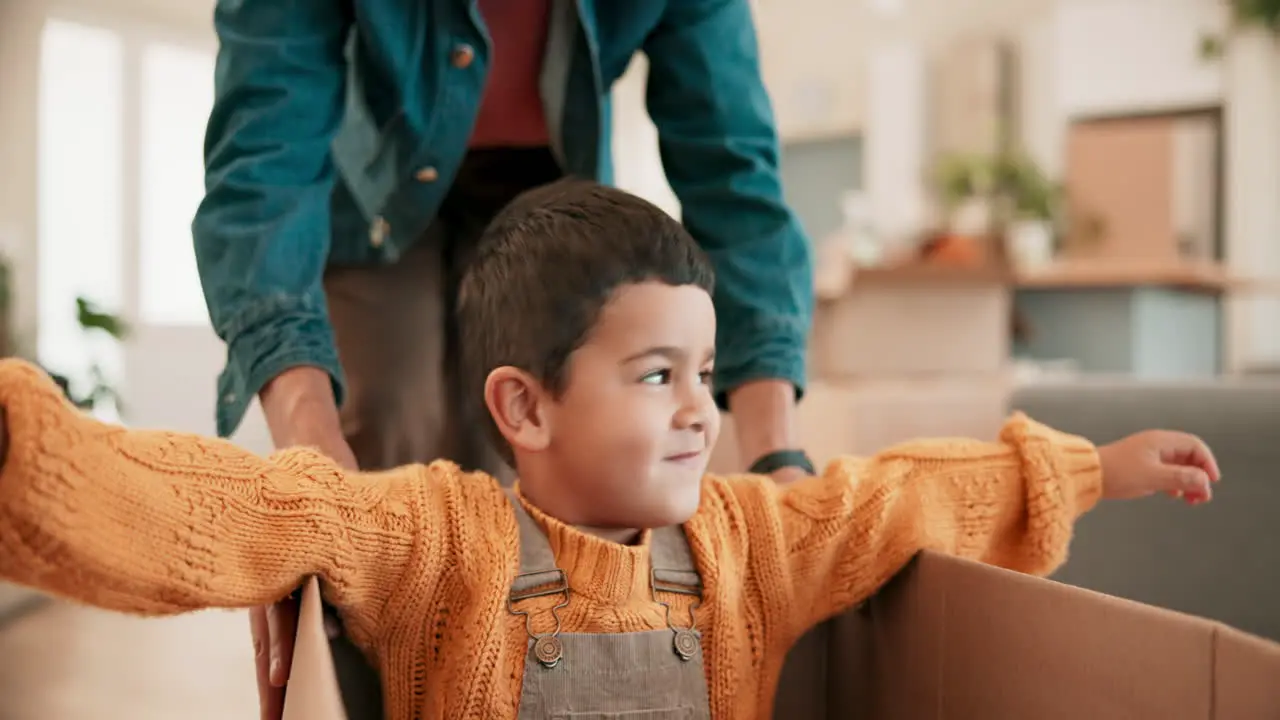 Dad push son and box in new house for games