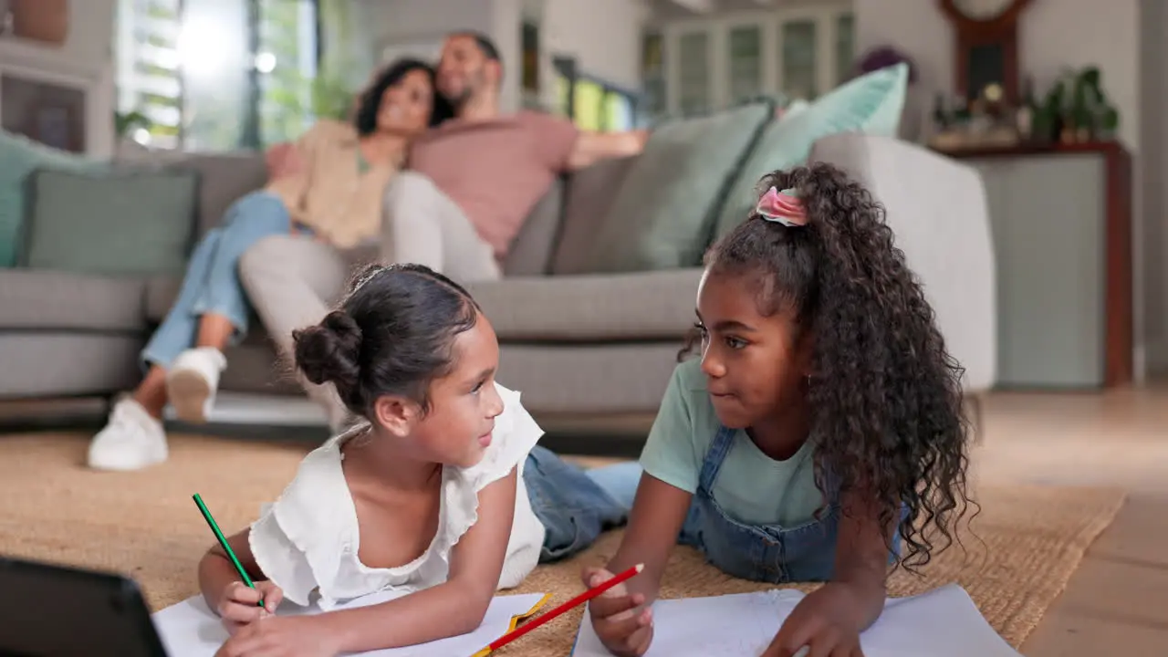 Tablet elearning and relax with children on floor