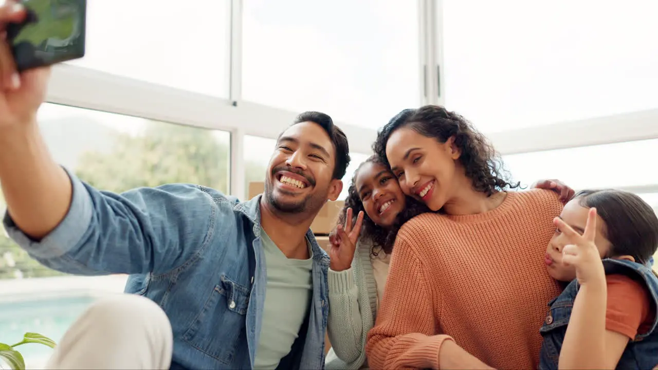 Smile selfie and happy family in a new home