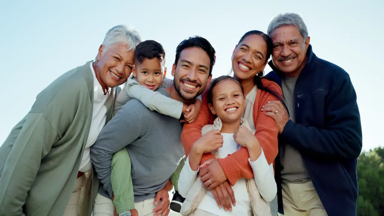 Happy laugh and face of a big family bonding