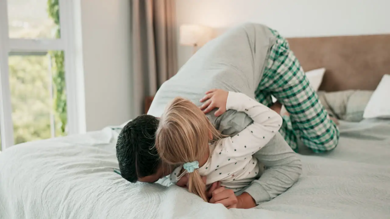 Morning bedroom and father hug child for bonding