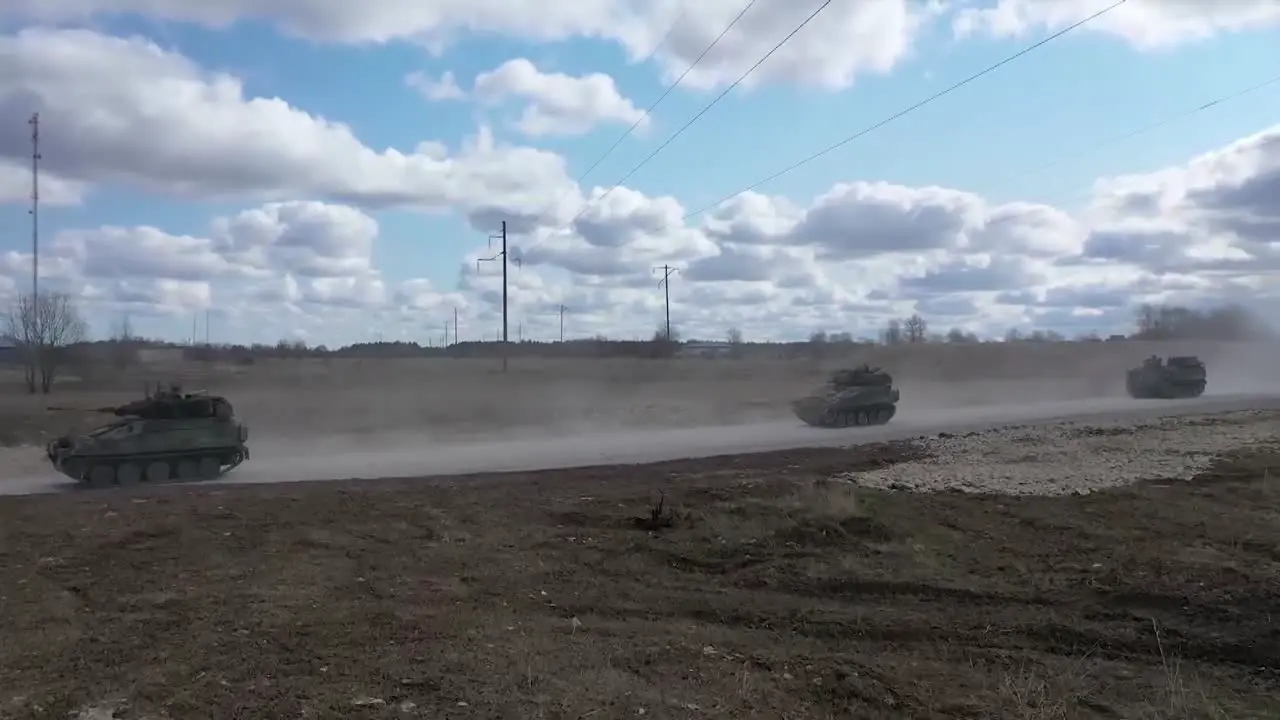 Drone Shots Of Nato Forward Presence Battlegroup Estonia Armor Moves During Military Training Exercise Estonia