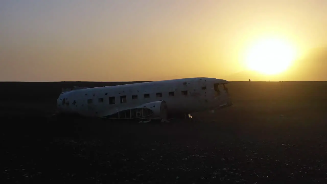 Aerial over a crashed US Navy DC-3 on the black sands of Solheimasandur Iceland