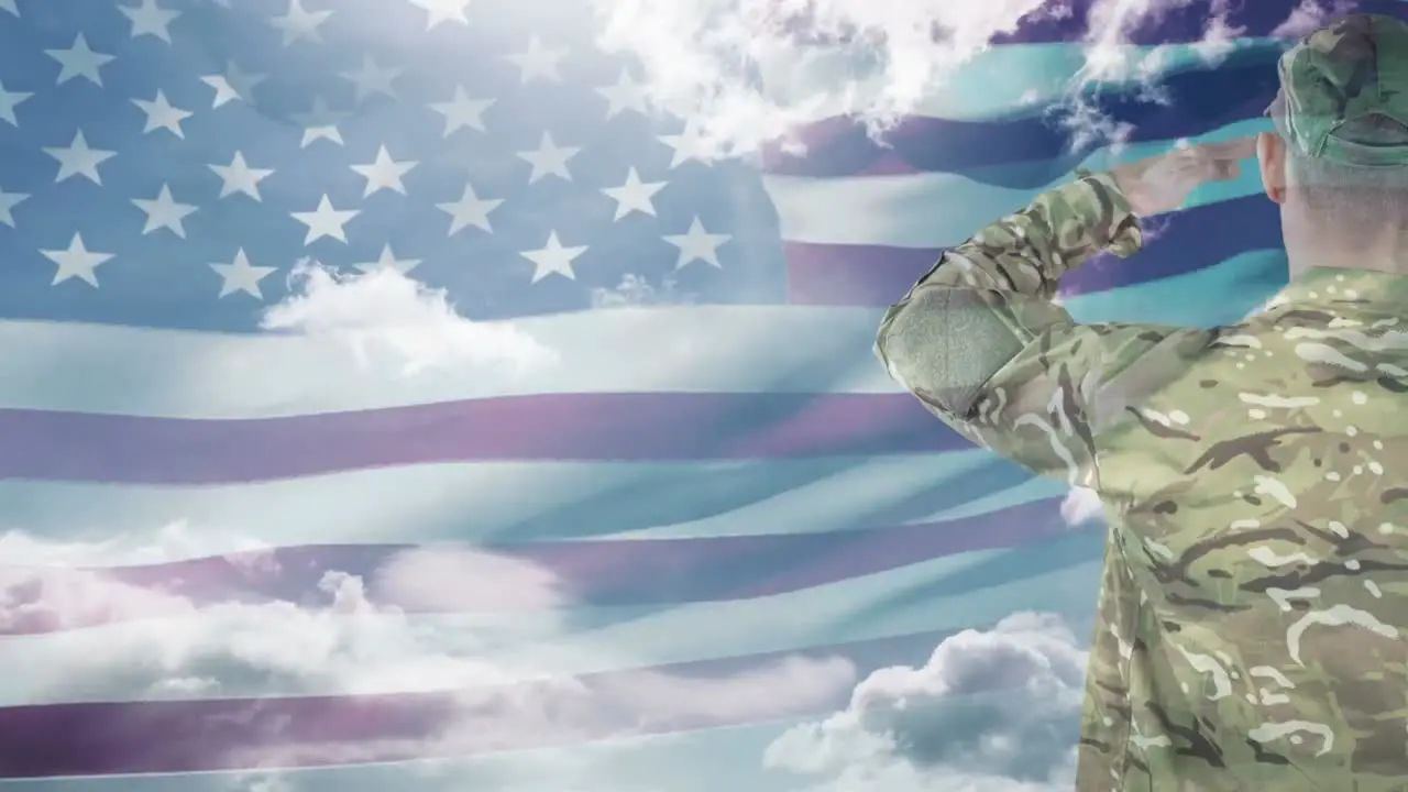 Digital animation of American soldier saluting against American flag 4k