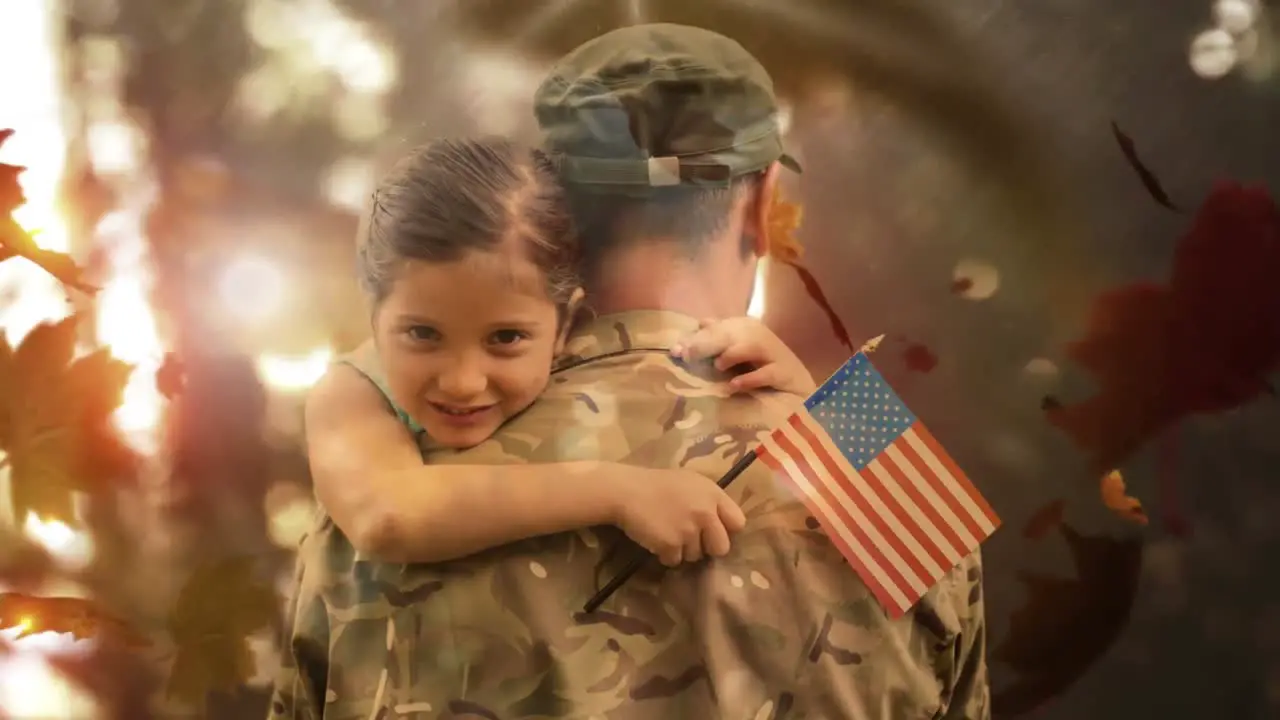 American soldier hugging his daughter and flying autumn leaves 4k