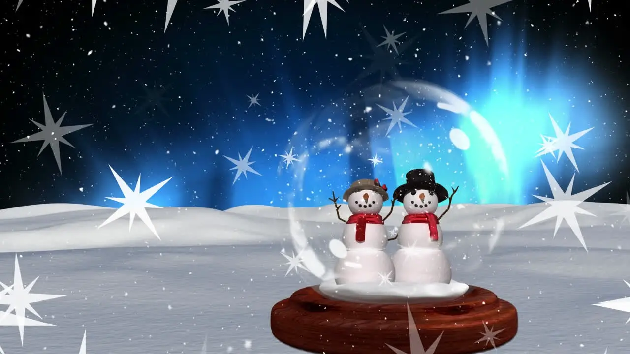 Animation of stars snowman in sphere on snow covered land with lens flares against space