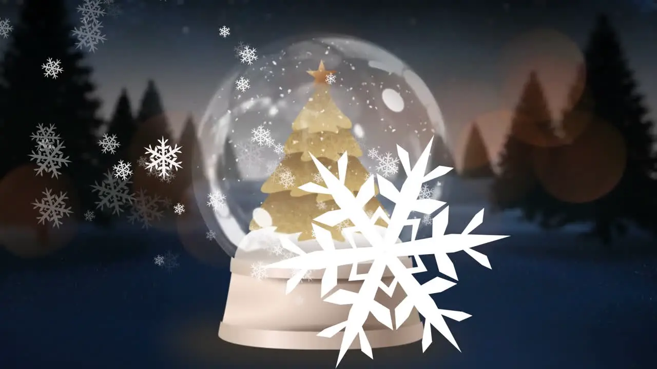 Animation of snowflakes lens flares around tree in glass sphere against trees on snow covered land