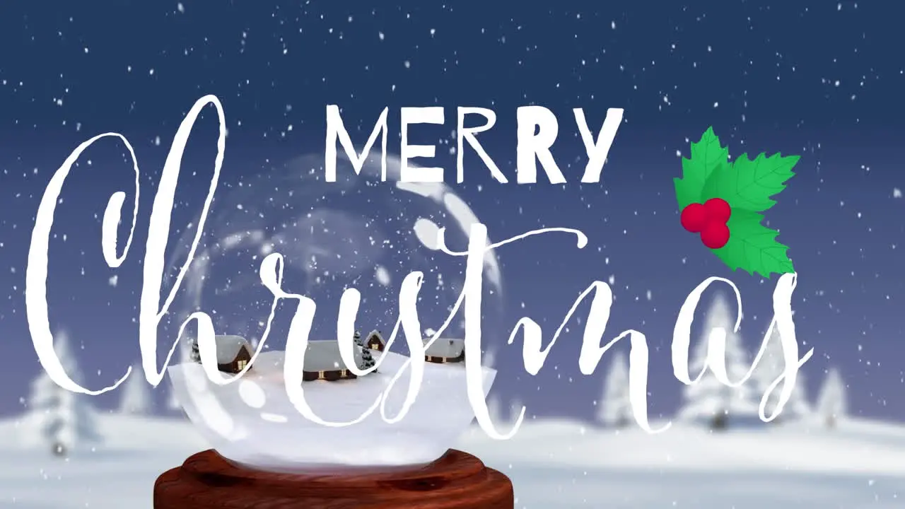 Animation of merry christmas text snow covered houses in glass sphere against snow covered trees