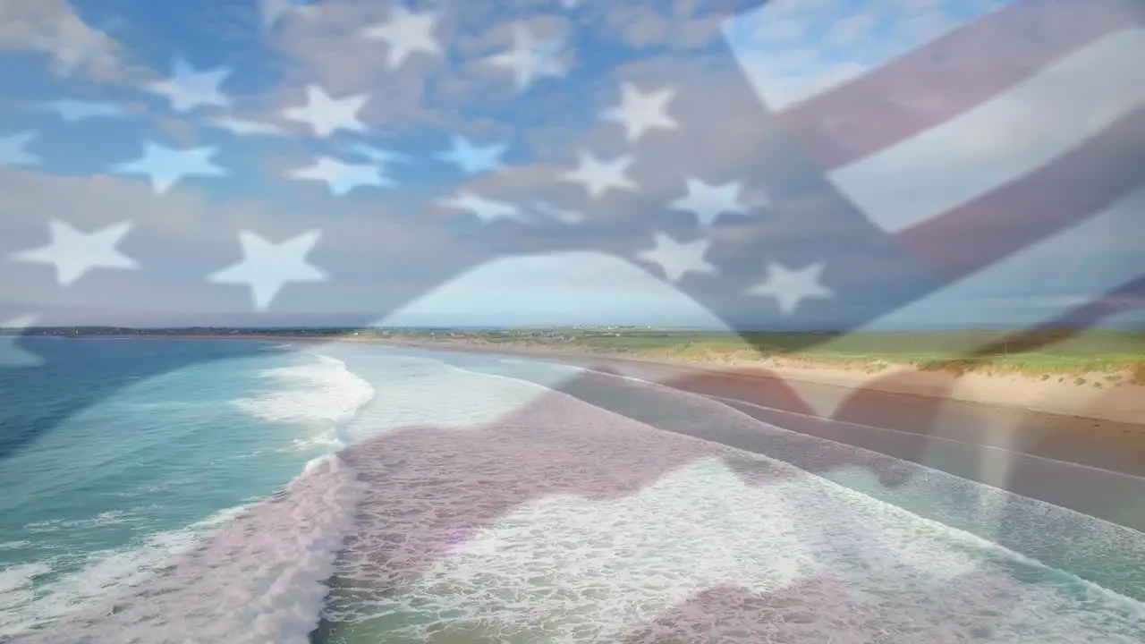 Animation of american flag waving and people giving thumbs up over sunny seaside