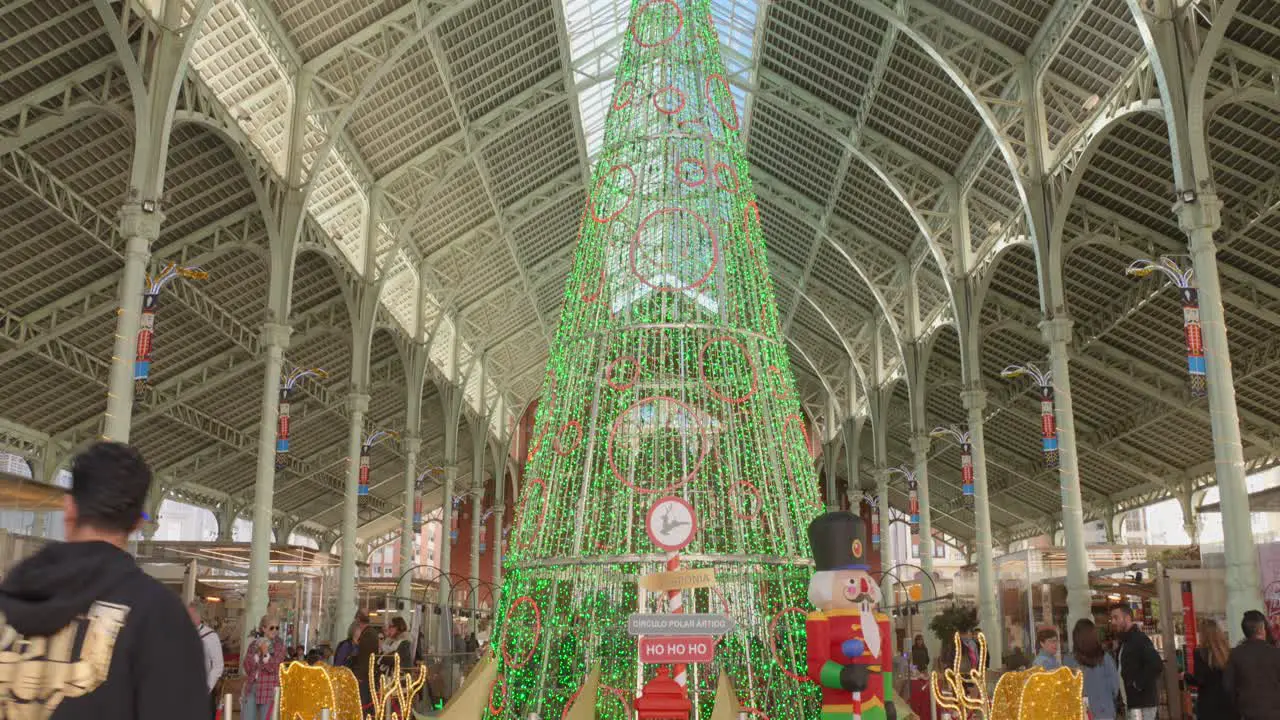 Tilt shot of Christmas tree at Mercado de Colon in Valencia Spain