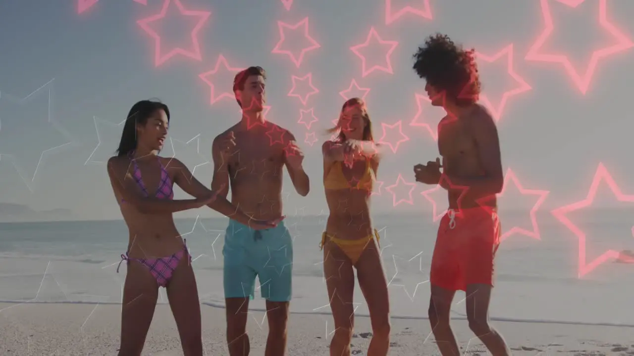 Animation of neon stars changing colours over happy diverse friends dancing on beach