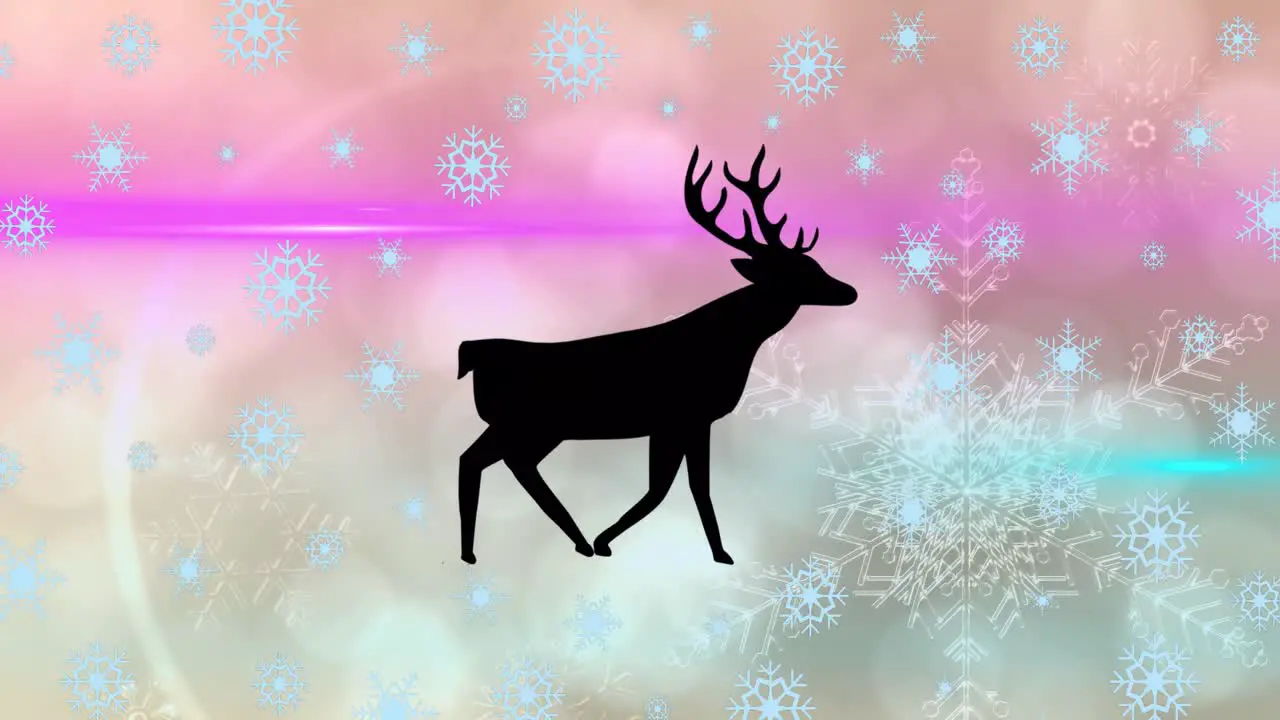 Animation of lens flare reindeer walking with blue and white snowflakes against gradient background