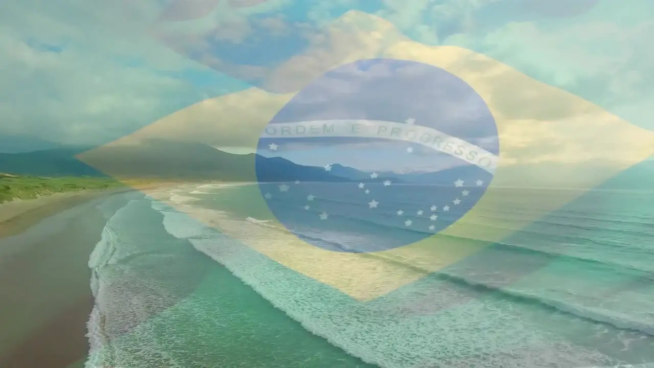 Animation of brazilian flag waving over sunny seaside