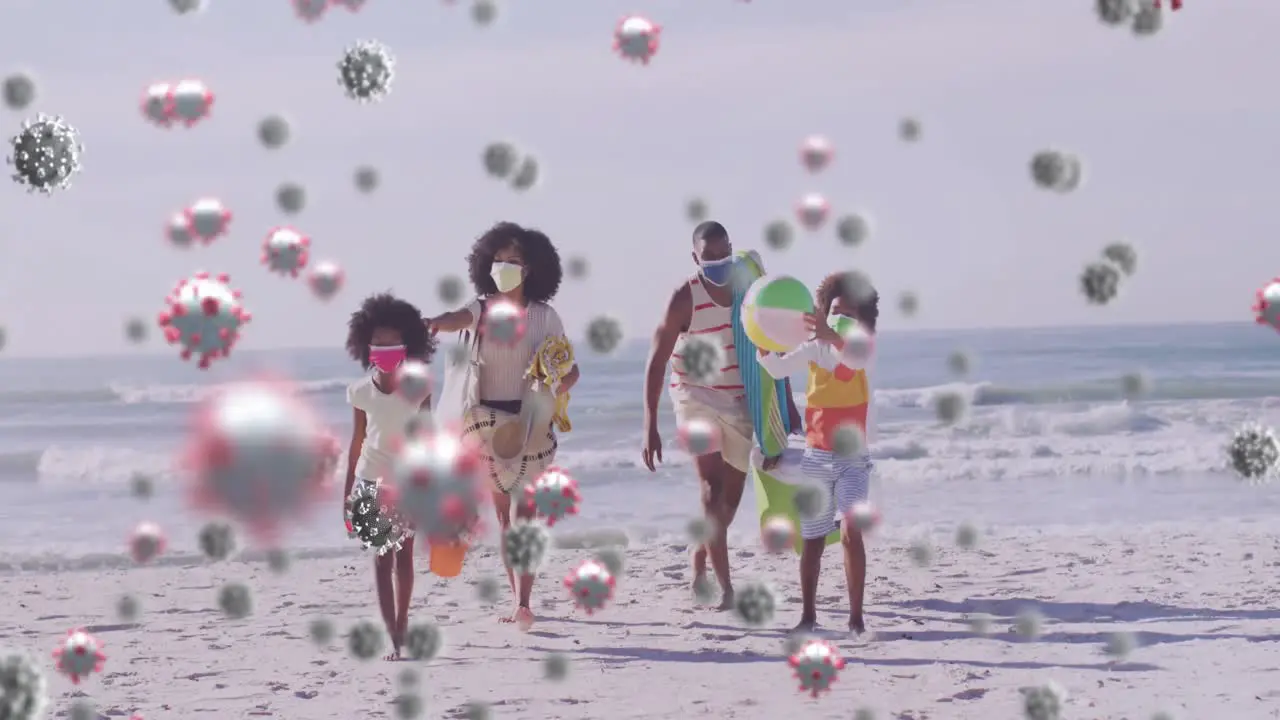 Animation of virus cells over african american family walking at beach