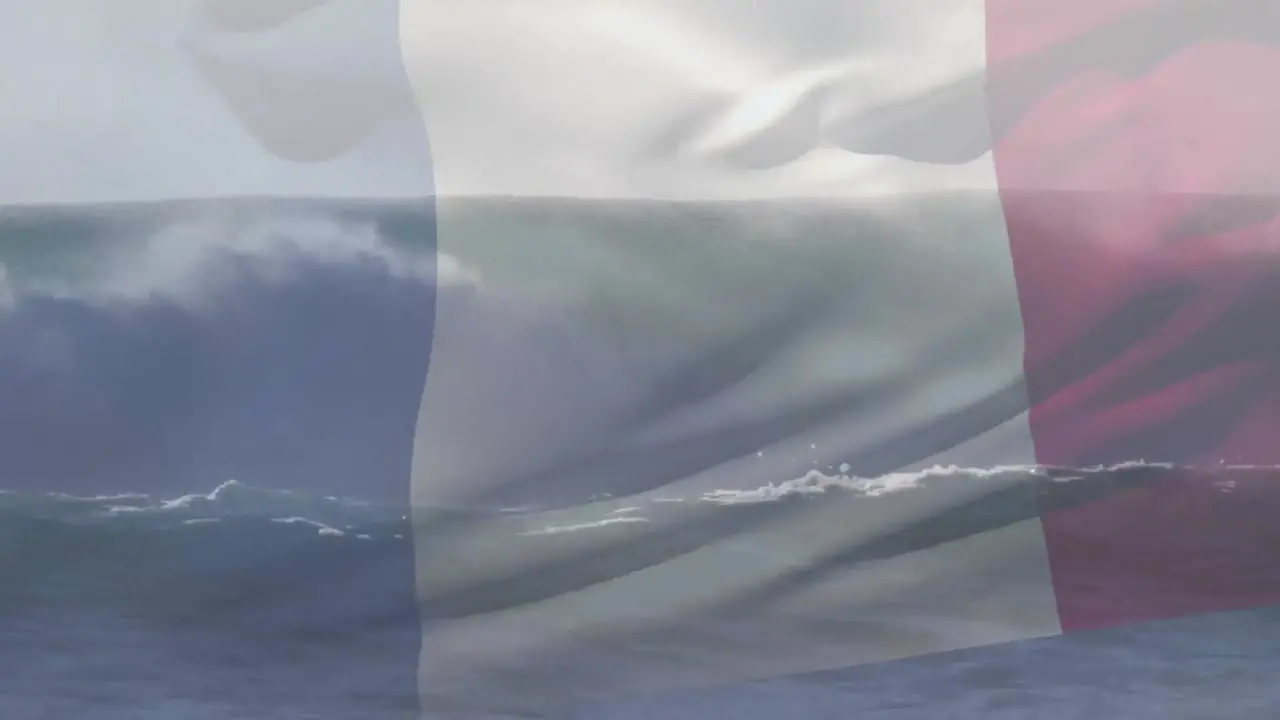 Animation of french flag waving over sunny seaside