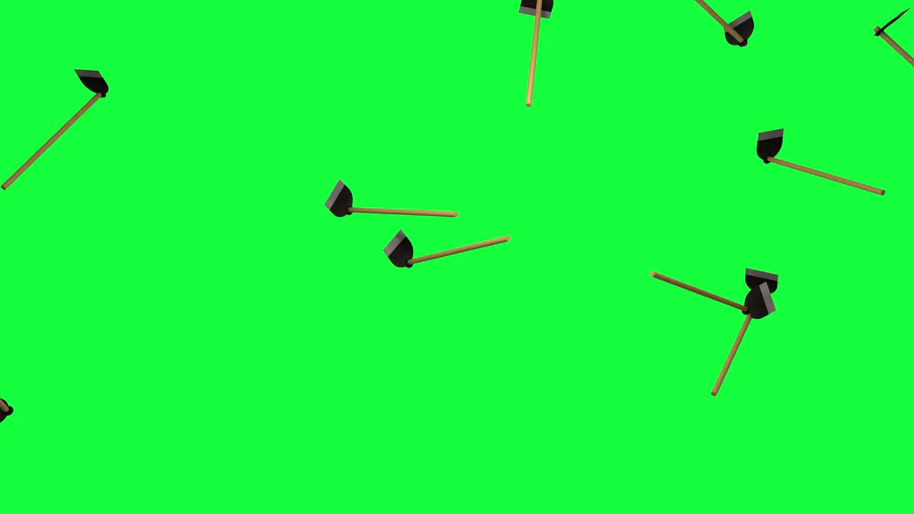 Wooden and Iron Hoe Tool falling on a green screen