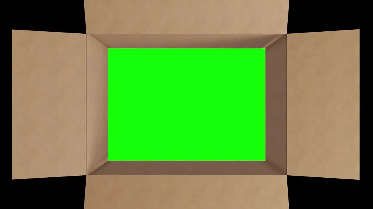 Overhead of green screen in brown cardboard box with lid opening on black background