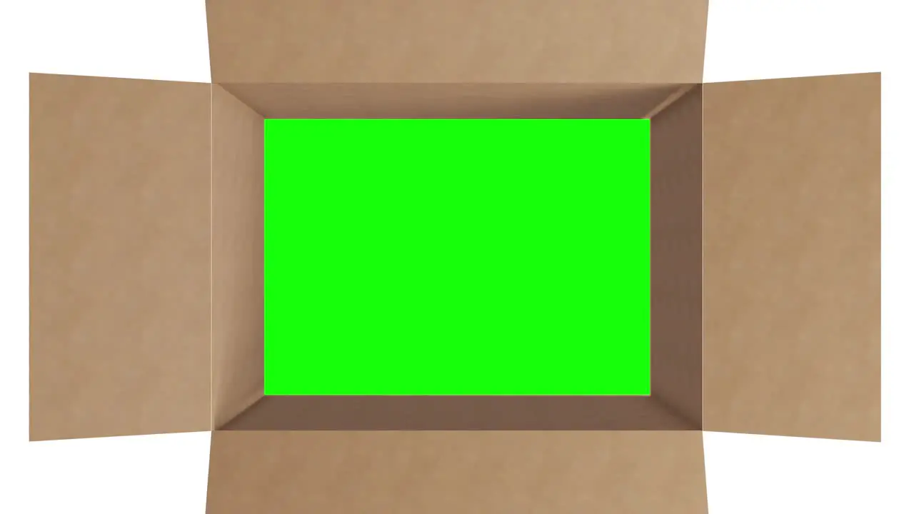 Overhead of green screen in brown cardboard box with lid opening on white background