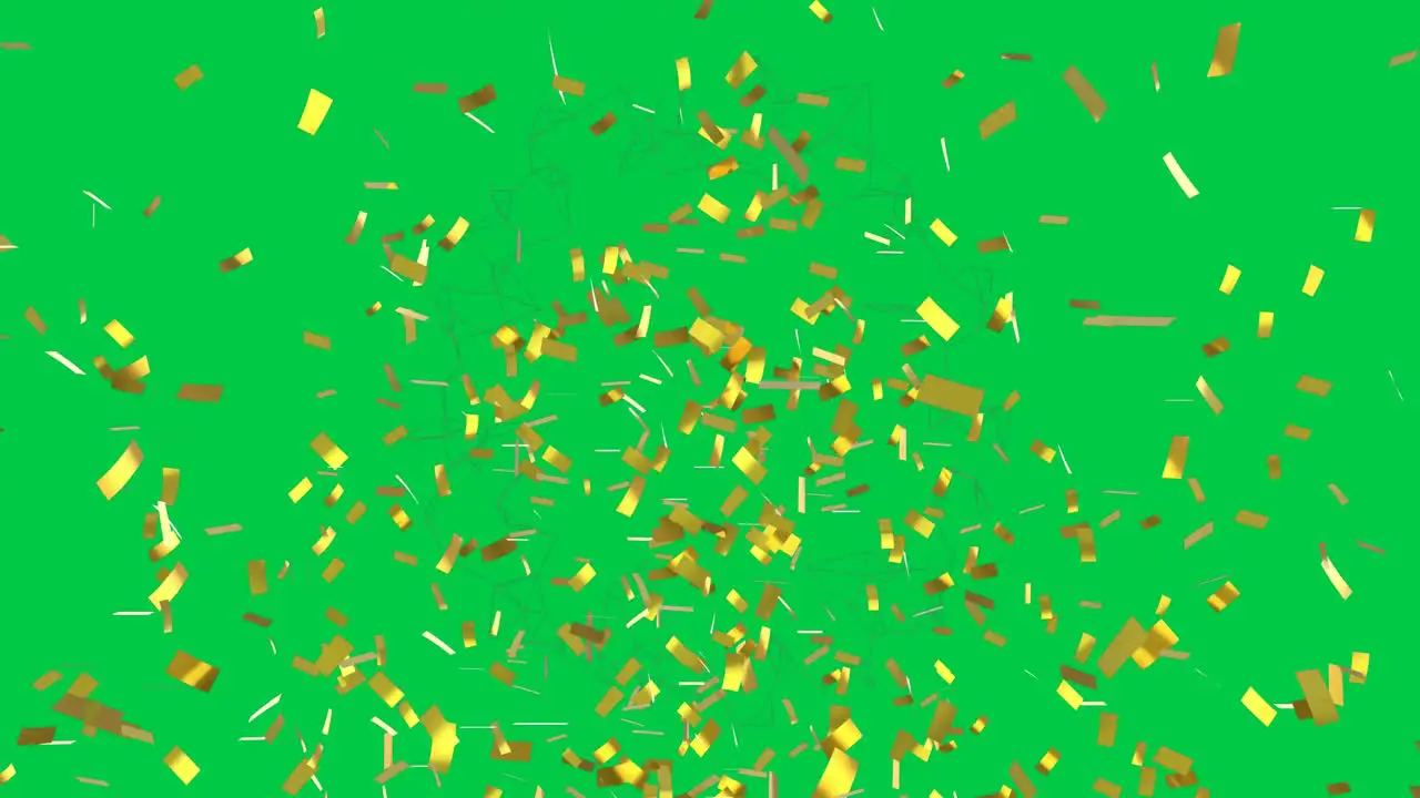 Animation of golden confetti falling over s green screen background