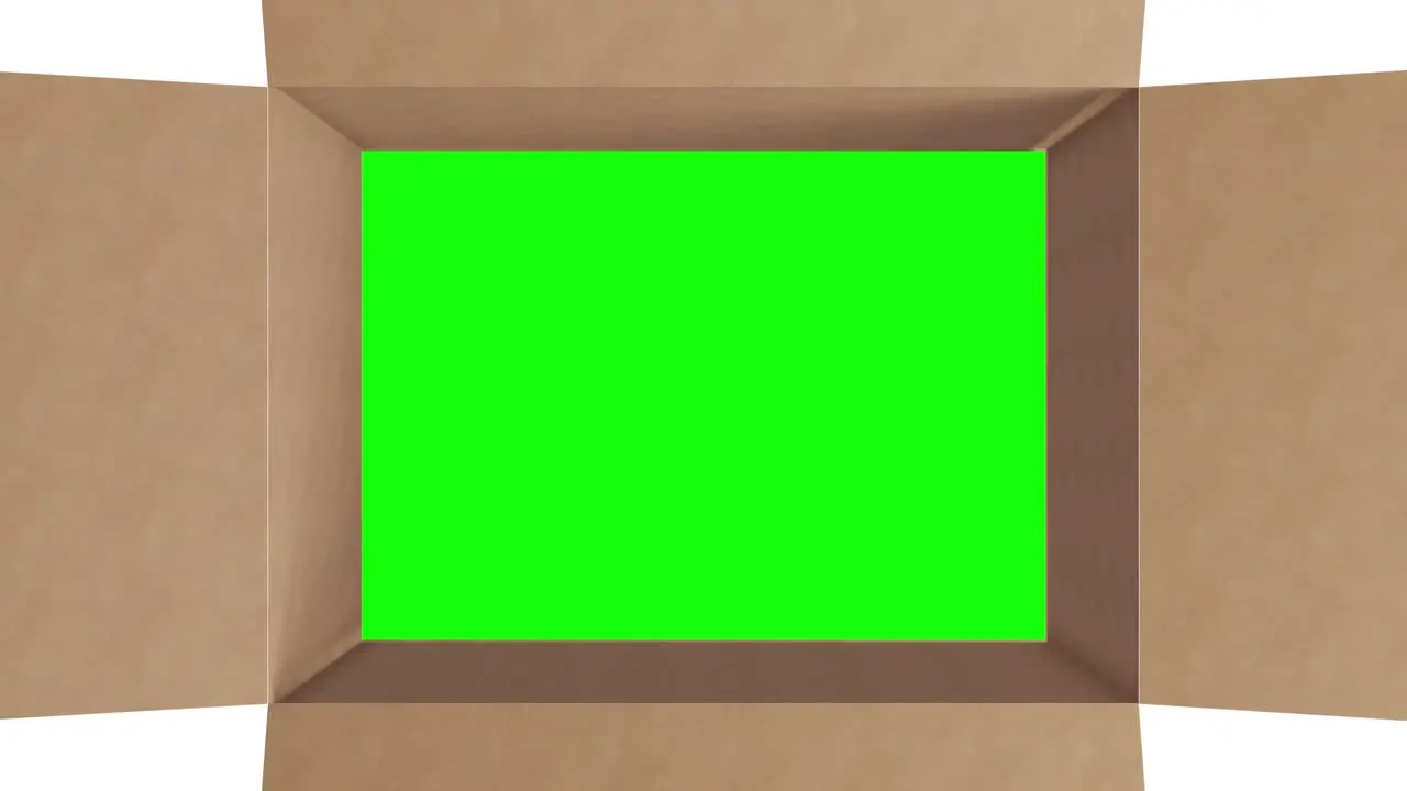 Overhead of green screen in brown cardboard box with lid closing on white background