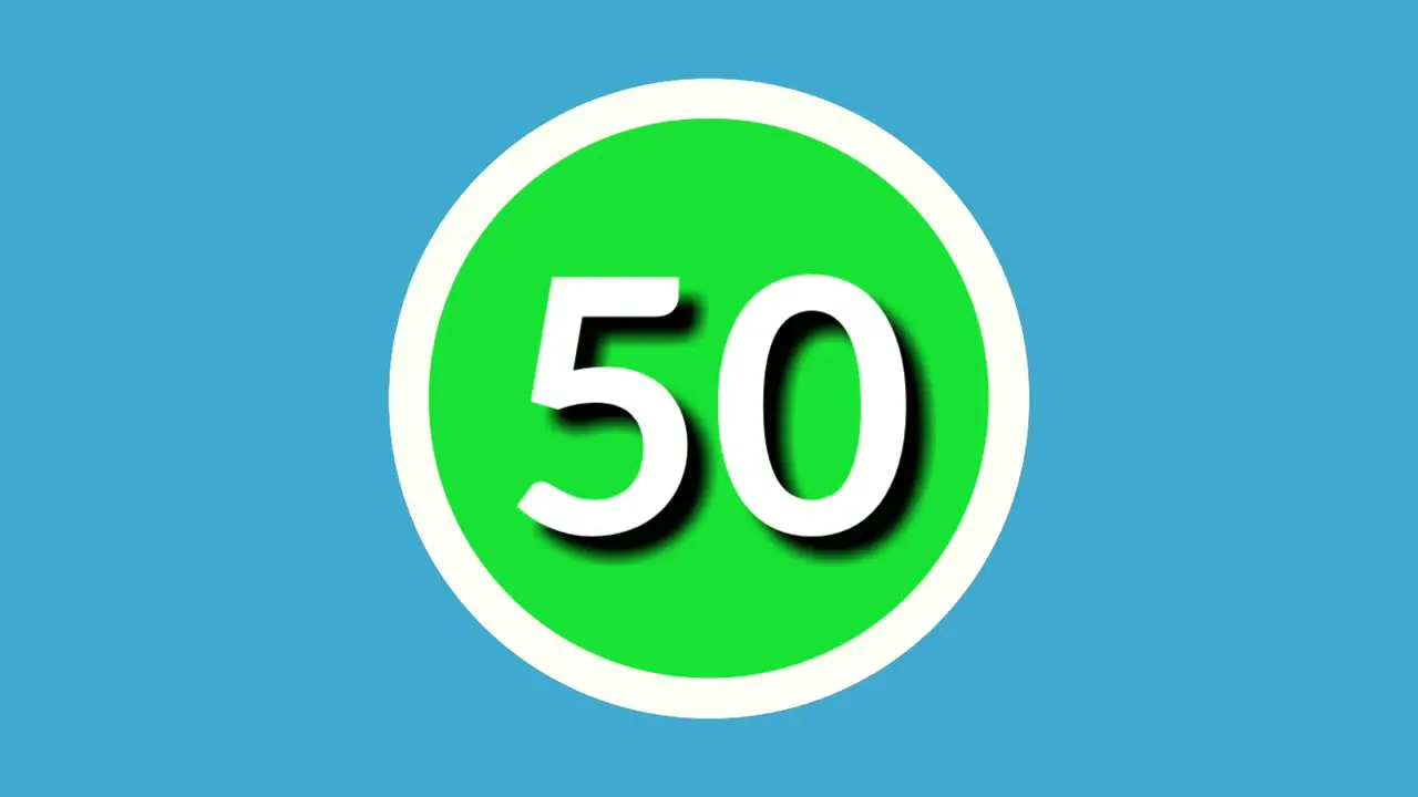 Number 50 fifty sign symbol animation motion graphics on green sphere on blue background 4k cartoon video number for video elements