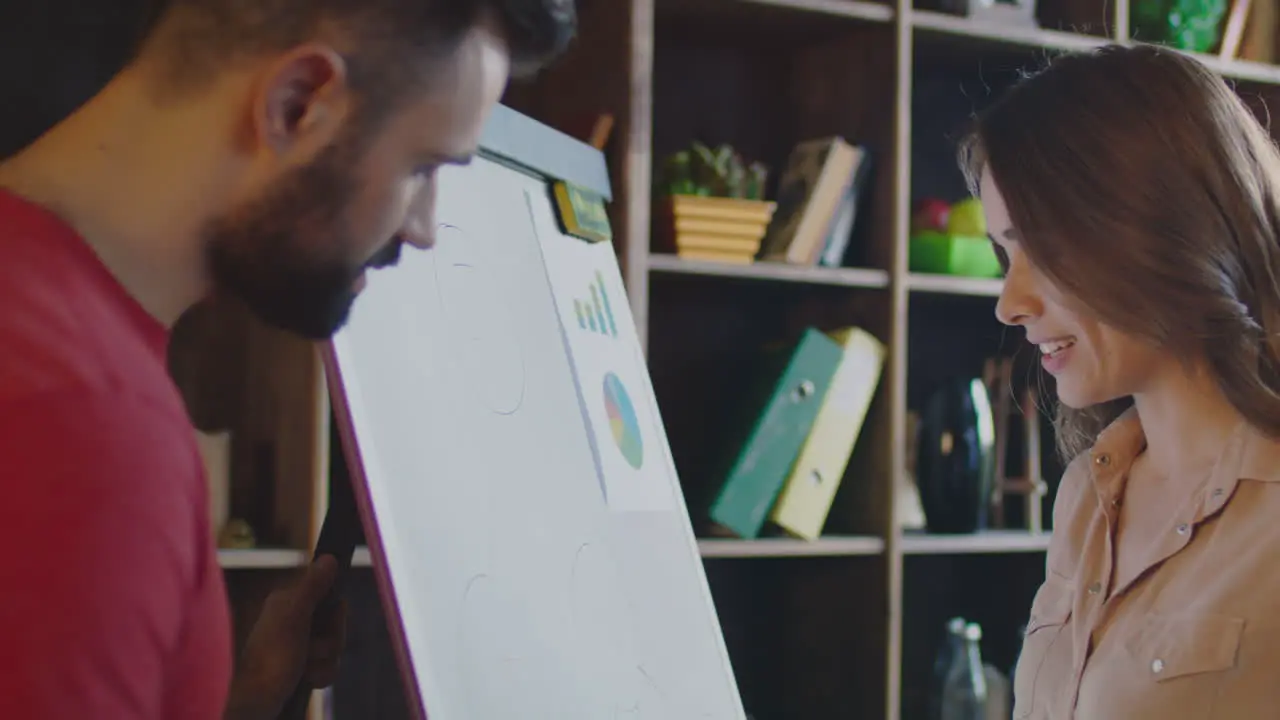 Smiling woman explaining business strategy on planning board Business meeting