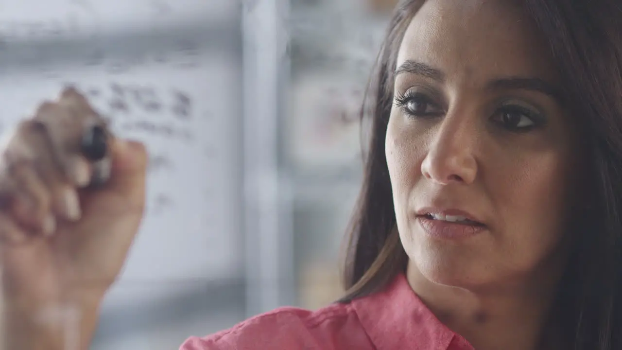 Close Up Of Businesswoman In Creative Office Brainstorming And Writing Ideas On Transparent Screen