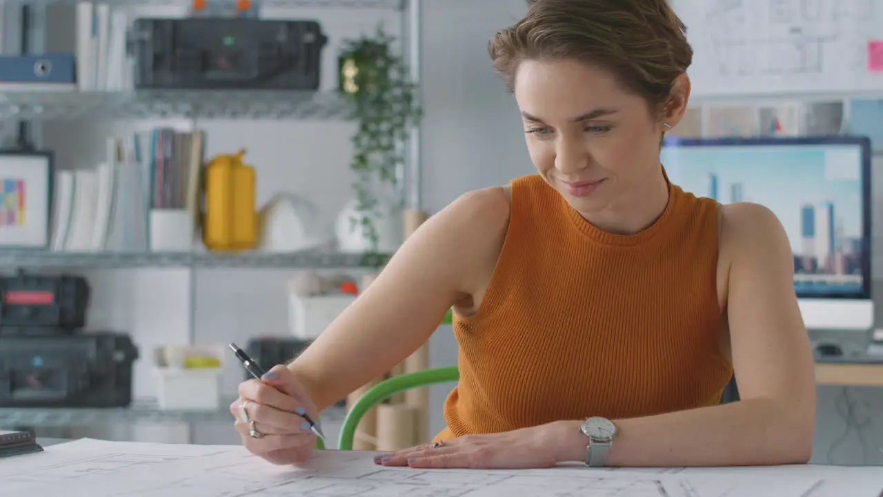 Female Architect In Office Working At Desk Making Notes On Plan Or Blueprint