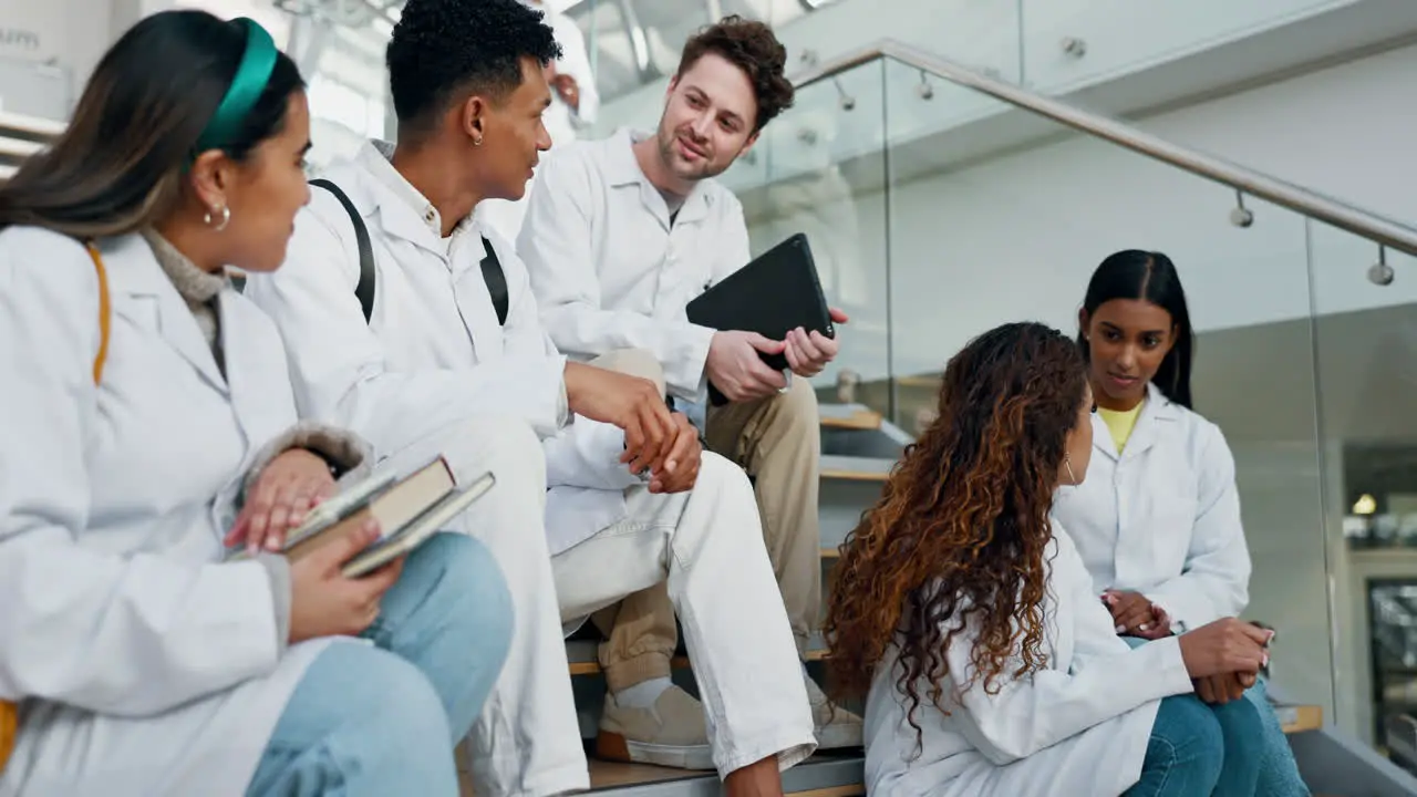 Group college and medical students on stairs