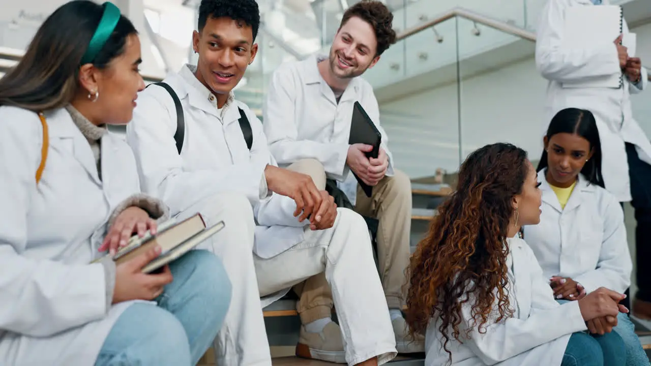 Group university and medical students on stairs