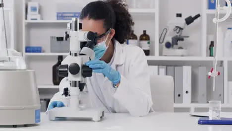 Science covid and woman with microscope in lab