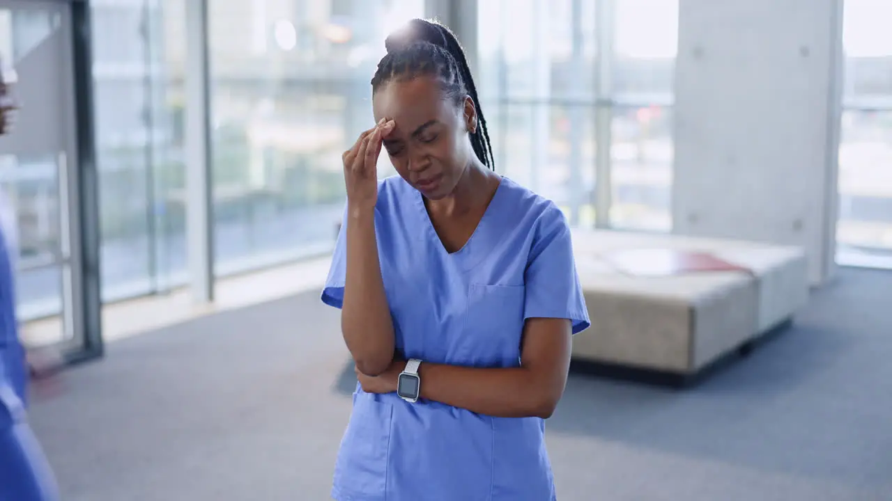 Headache nurse and black woman with stress