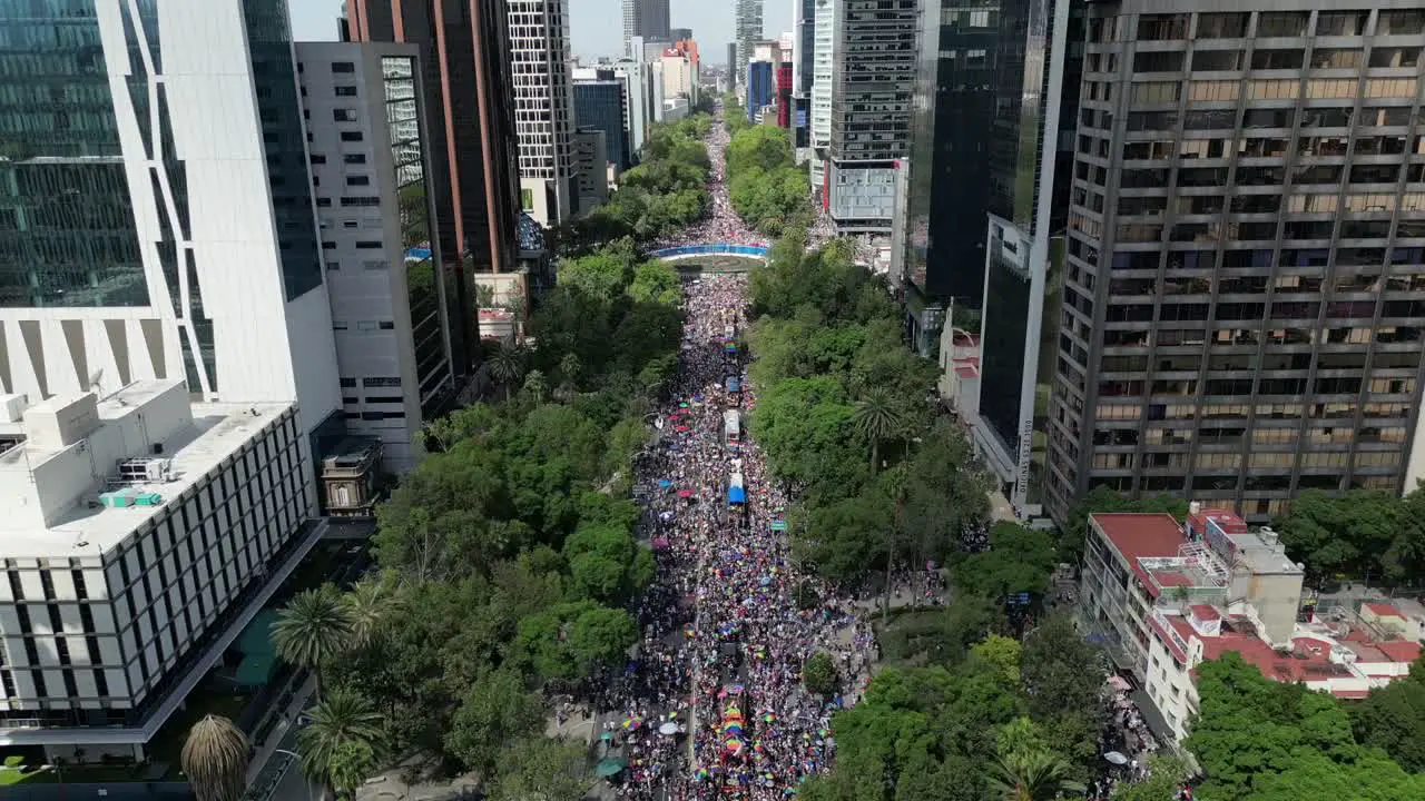 tilt down movement drone in Mexico City during the Pride Parade