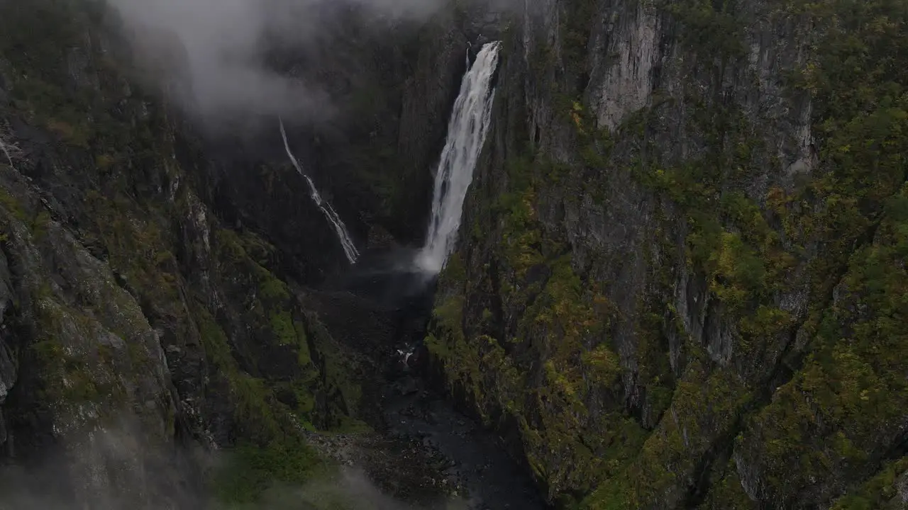 Cinematic drone footage of flying away from Vøringsfossen waterfall in Western Norway