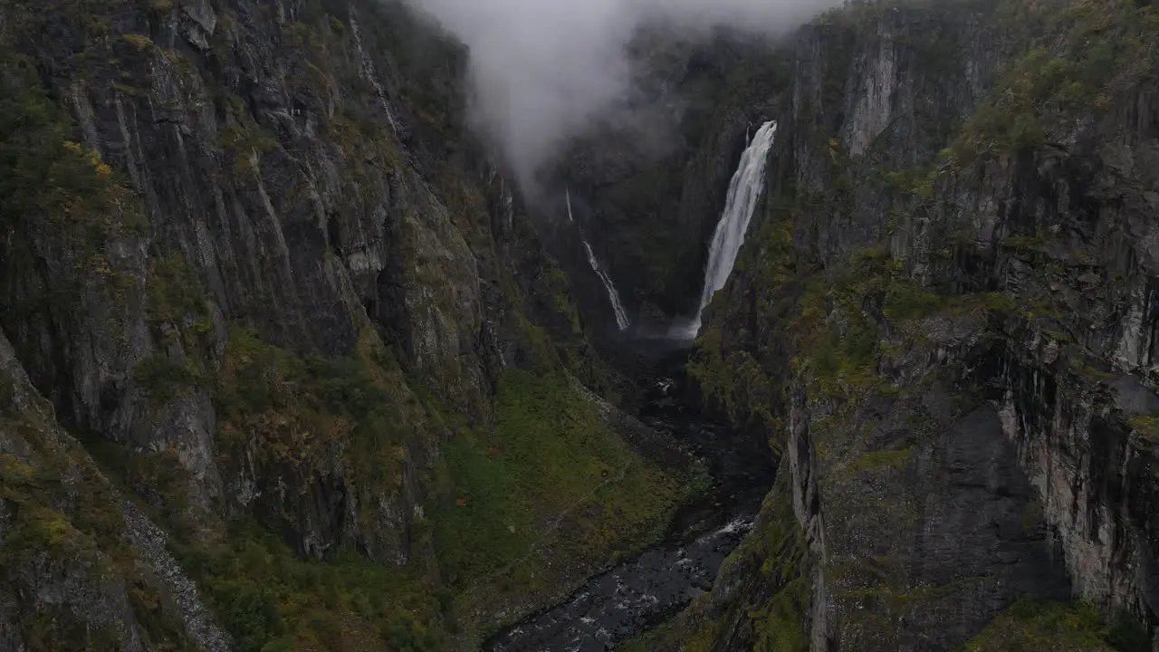 Closing up drone footage of Vøringfossen waterfall in Western Norway in Autumn